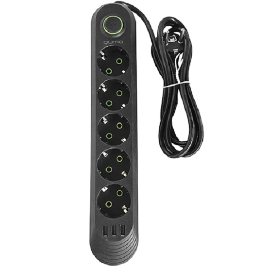 Сетевой фильтр  2.0м QUMO Power Bar Light SPFS (P-0009), черный, 5 розеток, 10A