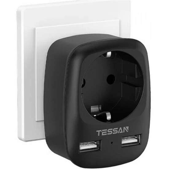 Сетевой разветвитель 1гн. TESSAN TS-611-DE, 2USB, чёрный