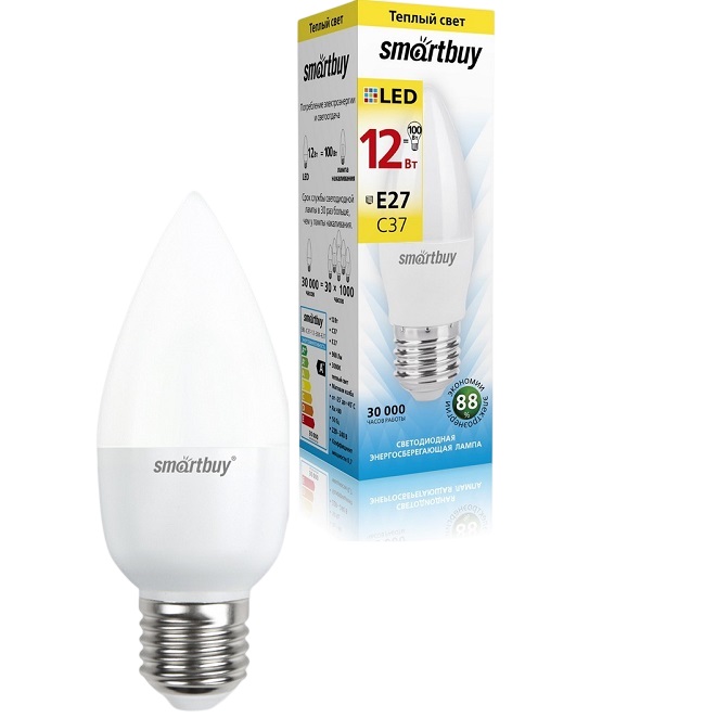 Лампа светодиодная SmartBuy, C37 12W/3000K/E27 матовая, холодный свет