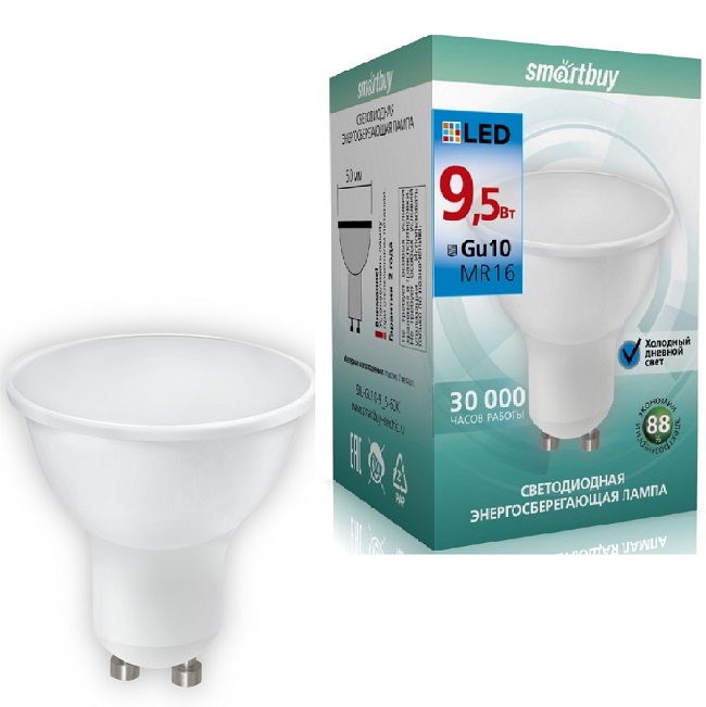 Лампа светодиодная SMARTBUY GU10 (MR16) 9.5W/6500K/GU10 (холодный свет)