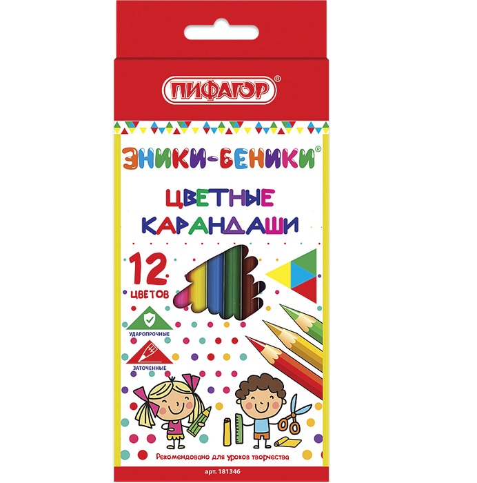 Карандаши цветные ПИФАГОР "ЭНИКИ-БЕНИКИ", 12 цветов, шестигранные, натуральное дерево, 181346