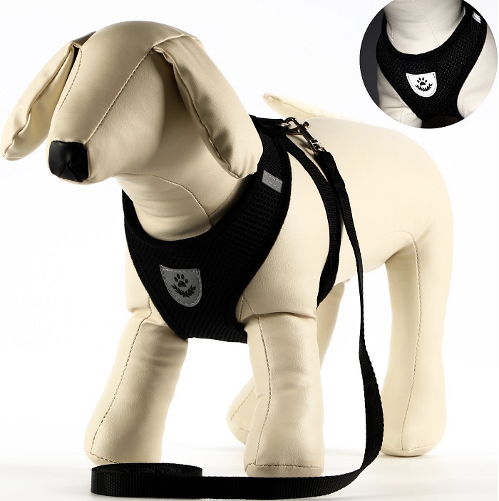 Комплект амуниции с мягкой шлейкой и светоотражающей нашивкой, L, ОШ 33 см, ОГ 36-48 см, чёрный