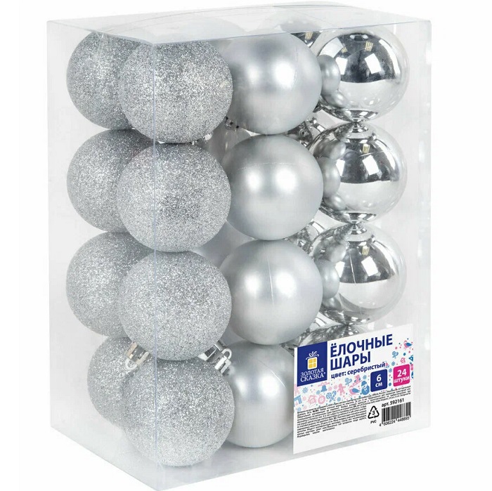 Шары ЗОЛОТАЯ СКАЗКА, 24шт, 6см, "Trio", пластик, СЕРЕБРИСТЫЕ(глянец,матовый,глиттер), 592161