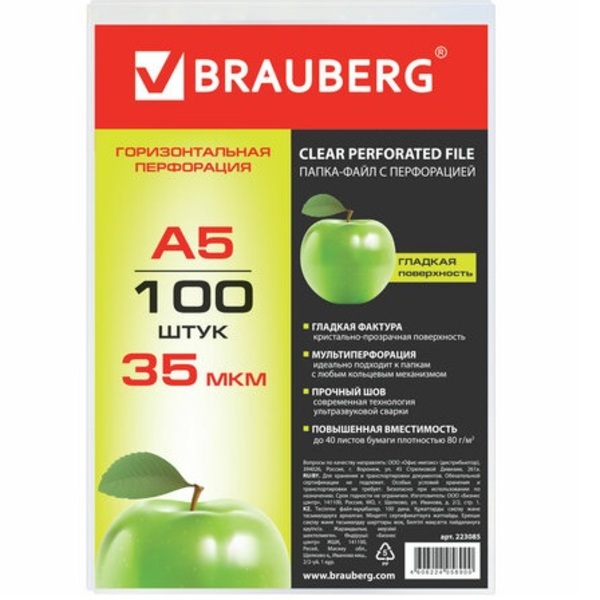 Папка-вкладыш с перфорацией А5,  35мкм, глянцевая горизонтальные BRAUBERG (по 100шт.) арт.223085