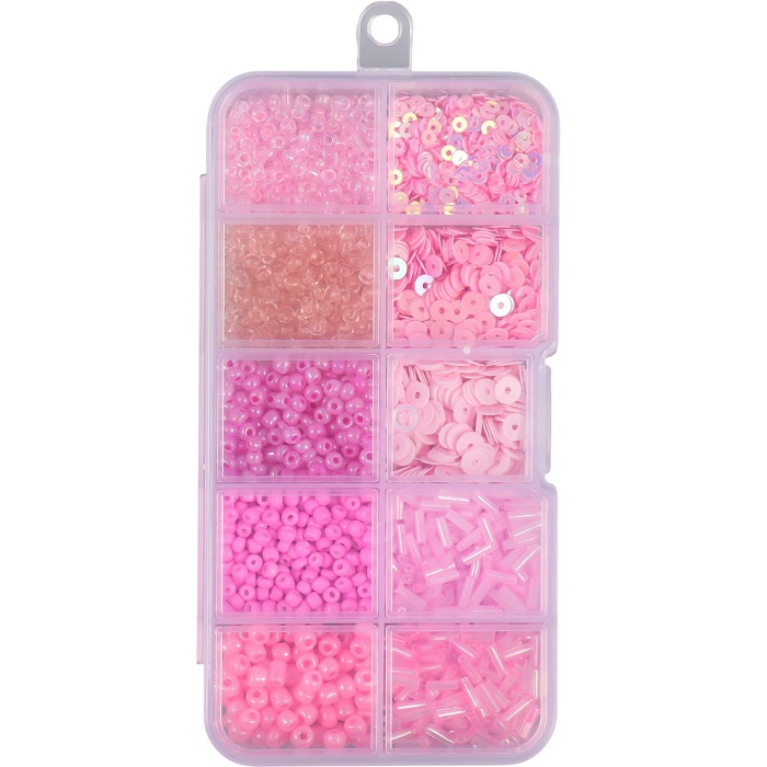 Бисер стекло 6/0, 12/0 в шкатулке "Розовый" стеклярус и пайетки 12,5х6,5х2 см   10243177