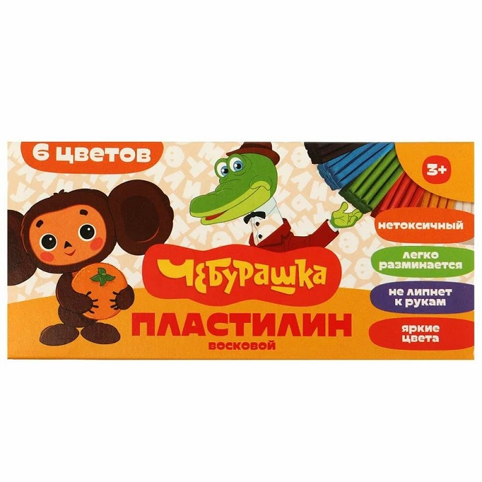 Набор для творчества Пластилин восковой Чебурашка 6 цв 90г MultiArt MCLV-102053-6-CH