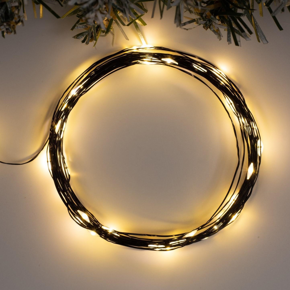 Гирлянда "Нить" 5 м роса, IP20, чёрная нить, 50 LED, свечение тёплое белое, фиксинг, USB