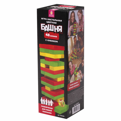 Настольная игра "ЦВЕТНАЯ БАШНЯ" ЗОЛОТАЯ СКАЗКА , 48 окрашенных деревянных блоков + кубик, , 662295