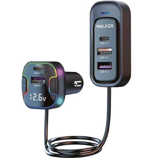 Авто ЗУ 3USB/2Type-C WALKER WCR-75, черное, 100Вт, с удлинителем 1.5м