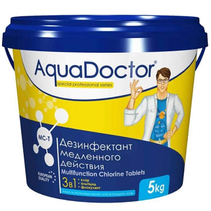 Комбинированное средство "3 в 1" AquaDoctor AQ15972, 1кг в табл.200гр, хлор, альгицид, флокулянт (MC-T 1), уп.