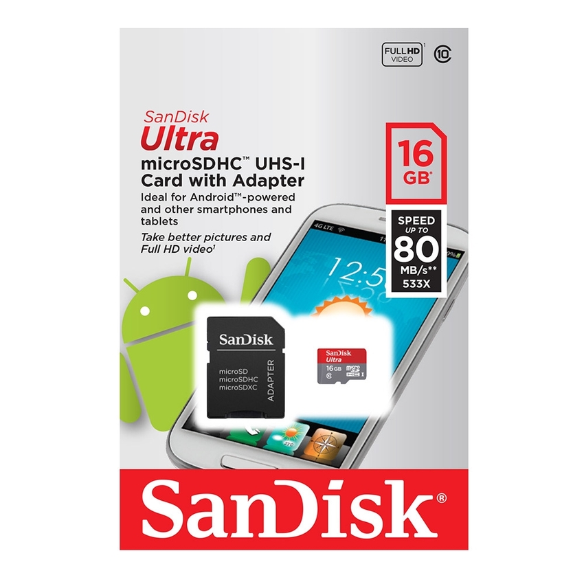 Micro SD 16GB SanDisk Class 10 Ultra 80 Mb/s с адаптером