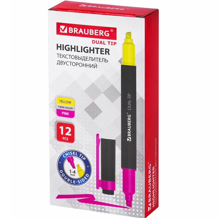 Текстовыделитель двусторонний BRAUBERG, ЖЕЛТЫЙ/РОЗОВЫЙ, линия 1-4 мм, 150840