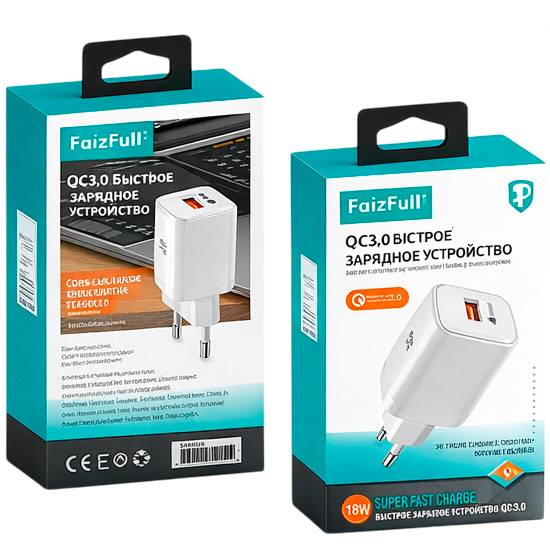 Сетевое ЗУ 1USB FaizFULL FC70 белый, QC3.0 18W