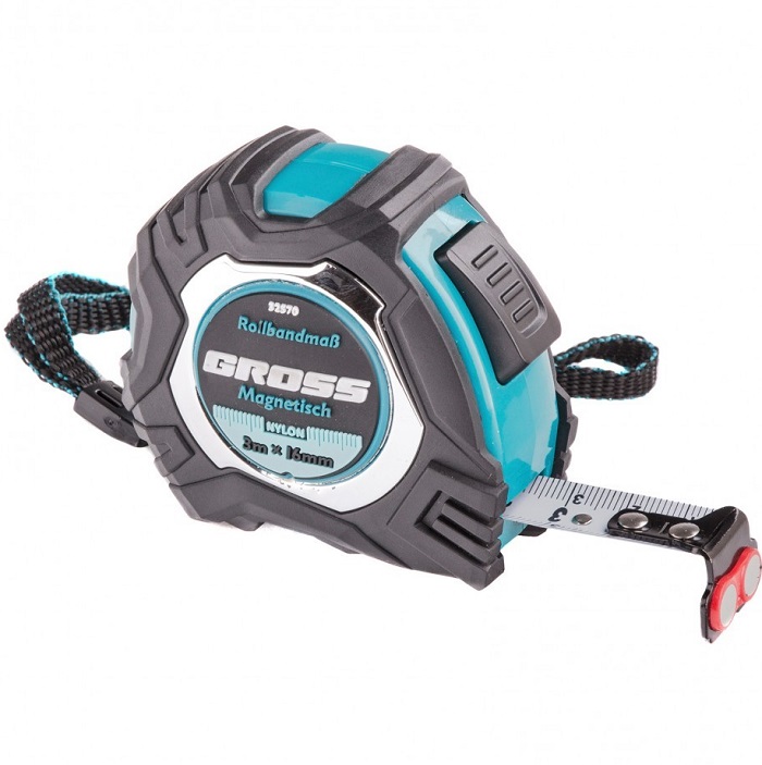Рулетка Magnetisch, 3м х 16мм GROSS,обрезин. корпус,автоматич. фиксация, нейлон. покр.,магн. зацеп//32570