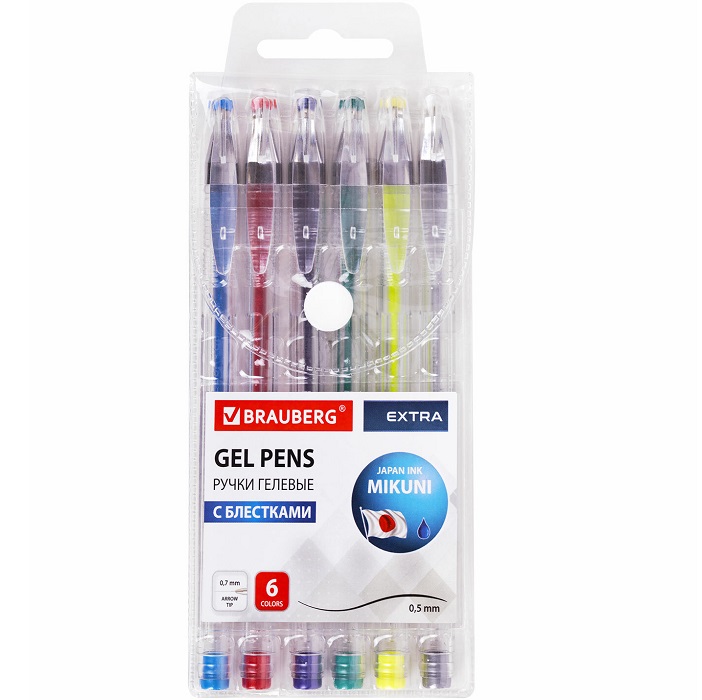 Ручки гелевые БЛЕСТКИ BRAUBERG "EXTRA", НАБОР 6 ЦВ 143908