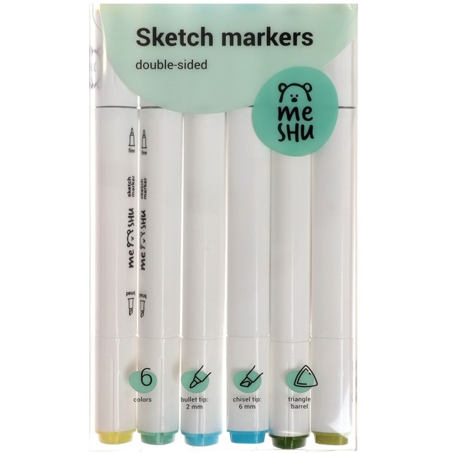 Набор двусторонних маркеров для скетчинга MESHU 6 цветов (морские цвета)