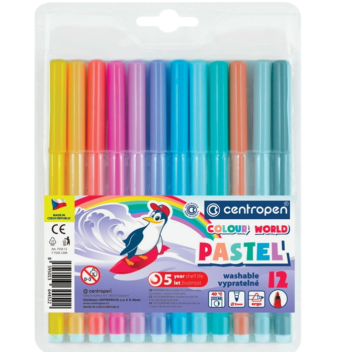 Фломастеры ПАСТЕЛЬНЫЕ 12 ЦВЕТОВ CENTROPEN "Colour World Pastel" 7550/12TP
