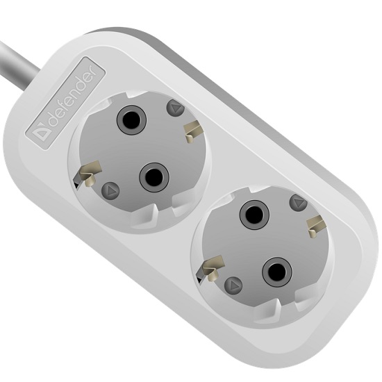 Сетевой удлинитель  2.0м DEFENDER R320, белый, 2 розетки, 16А/3500Вт, с/з, ПВС 3х1,0мм