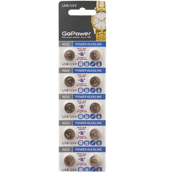 Элемент питания GoPower AG13 BL-10 (LR1154/LR44/357A/A76)