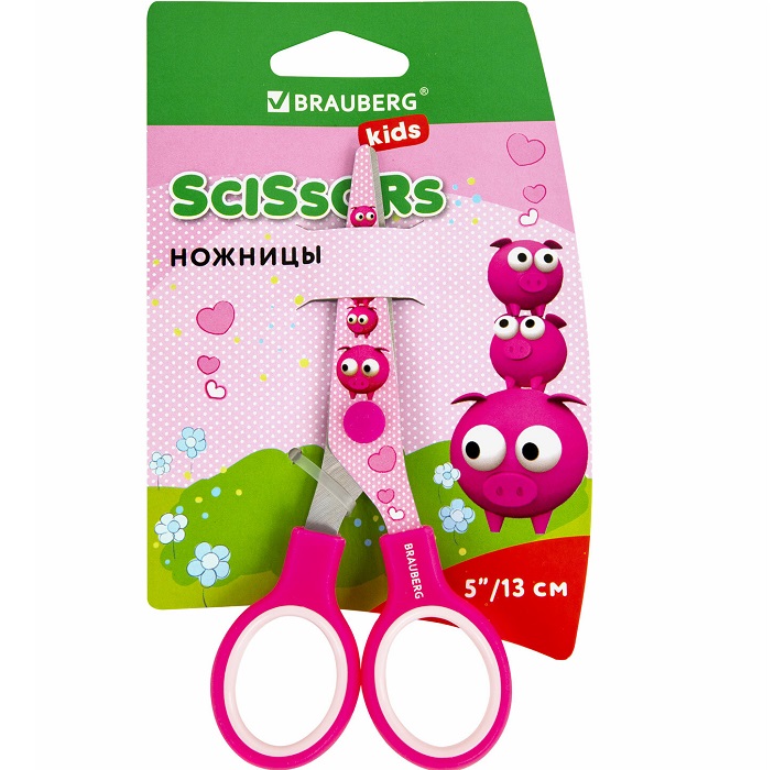 Ножницы BRAUBERG KIDS 130 мм "Поросята", розовые