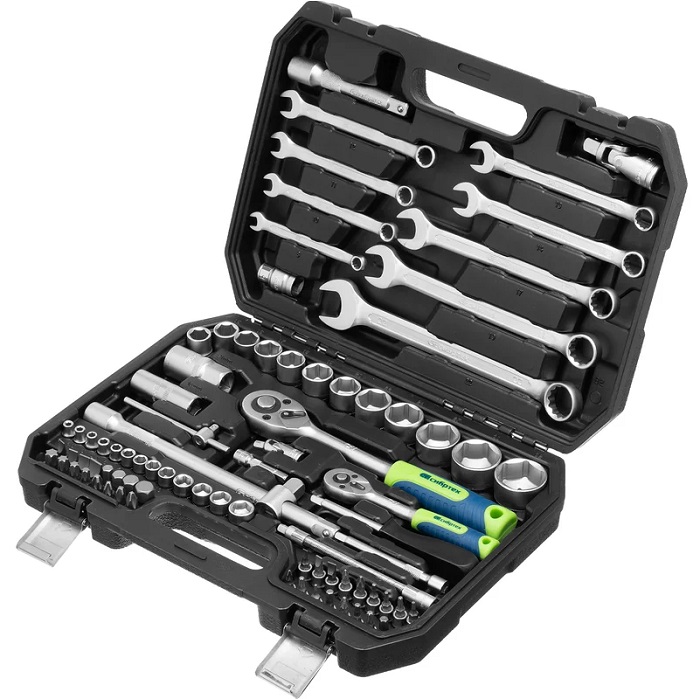 Набор инструментов, 1/2", 1/4", пластиковый кейс, 82 предмета// Сибртех