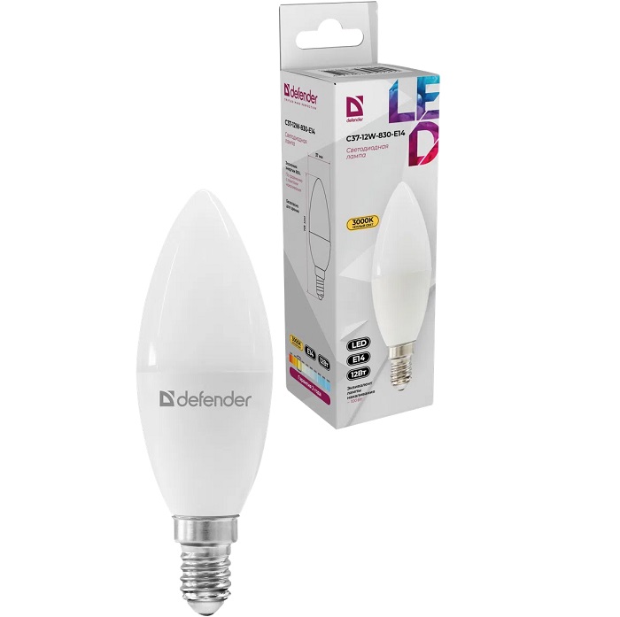 Лампа светодиодная DEFENDER C37 12W/830/E14 свеча, теплый белый