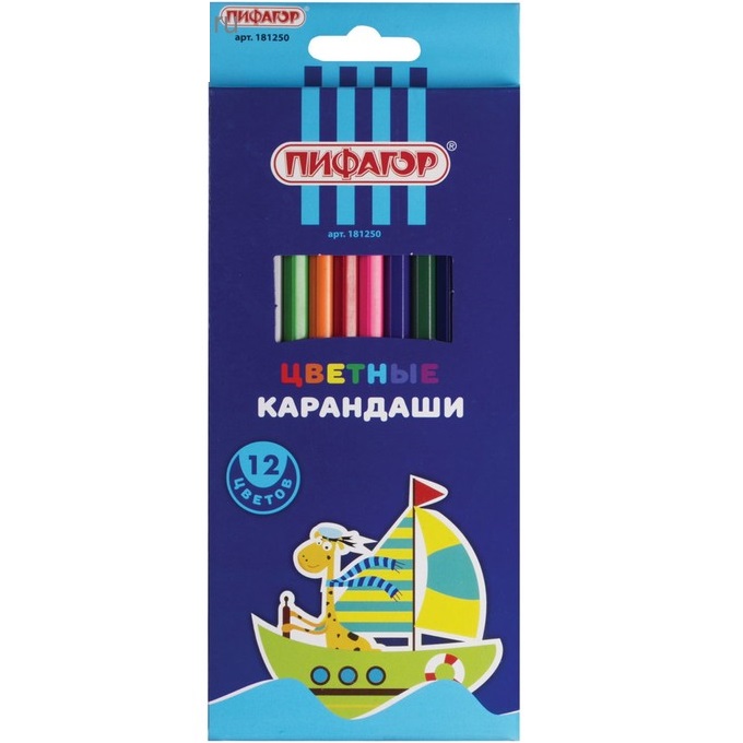 Карандаши цветные ПИФАГОР "Жираф", 12 цветов, пластиковые, классические заточенные