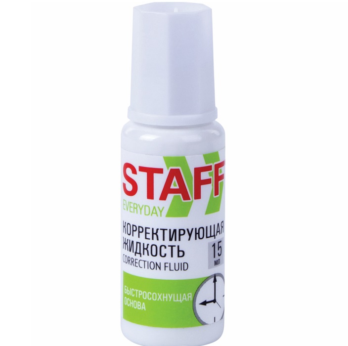 Корректирующая жидкость STAFF "Everyday" быстросохнущая, 15 мл, с кисточкой, 229398