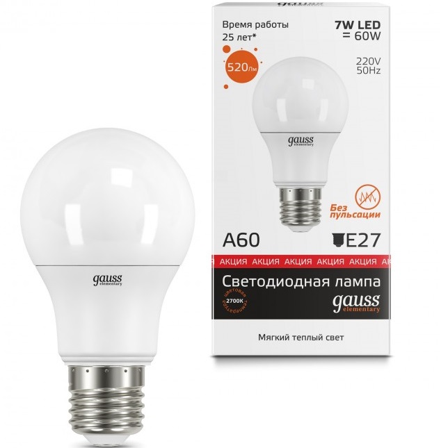 Лампа Gauss LED Elementary A60 7W/2700K/ E27 груша, теплый белый