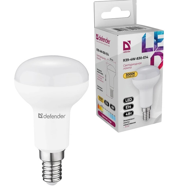 Лампа светодиодная DEFENDER R39 4W/3000K/E14 рефлектор теплый белый (10/100)