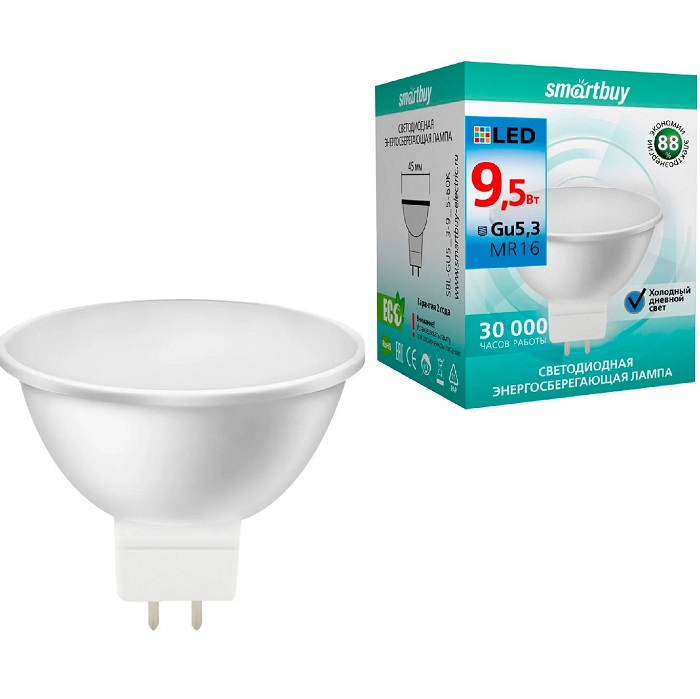Лампа светодиодная SMARTBUY GU5.3 (MR16) 9.5W/6000K (холодный свет) (1/10)