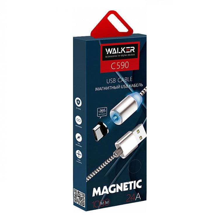 Кабель USB <--> microUSB  1.0м WALKER C590 магнитный, черный