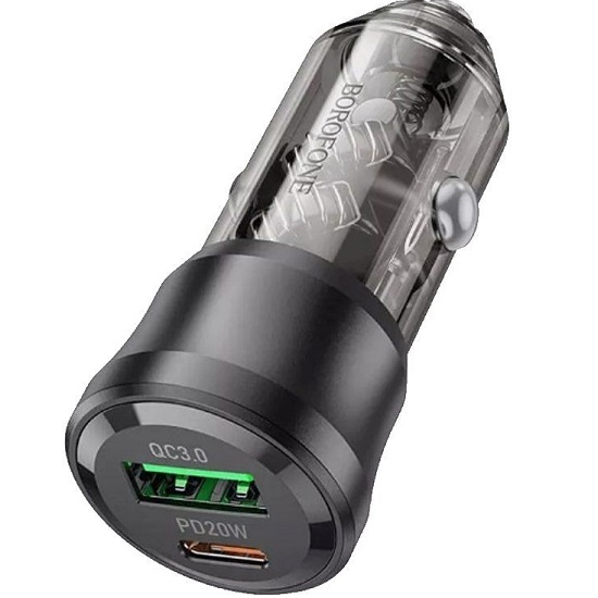 Авто ЗУ 1USB/1Type-C BOROFONE BZ25 прозрачный чёрный, PD38W