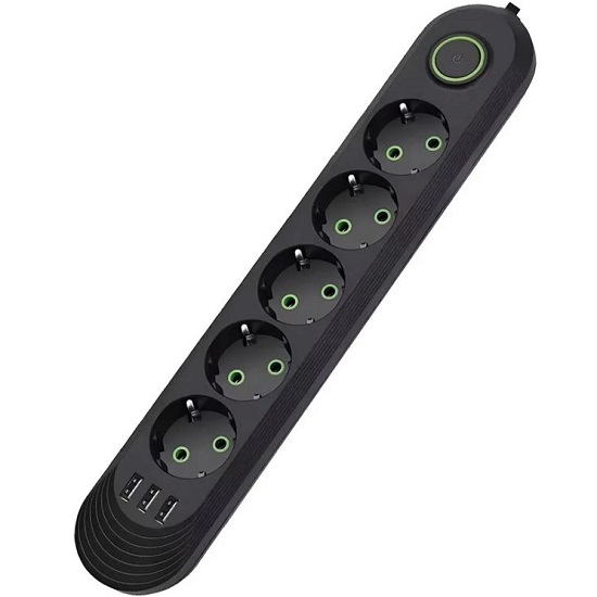 Сетевой удлинитель  2.0м QL-1073U черный, 5 розеток+3 USB