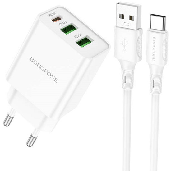 Сетевое ЗУ 2USB/1Type-C BOROFONE BA70A, белый, кабель USB - Type-C, 20Вт