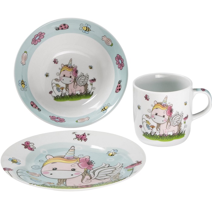 Набор детской посуды Доляна «Единорожка», 3 предмета: кружка 230 мл, миска 400 мл, тарелка d=18 см, керамика