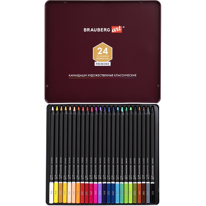 Карандаши художественные цветные BRAUBERG ART PREMIERE, 24 цв, МЯГКИЙ грифель 4 мм., металл, 181541