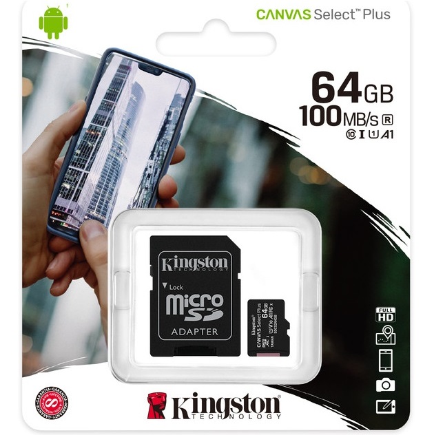 Micro SD 64Gb Kingston Class 10 Canvas Select Plus A1 U1 V10  (100 Mb/s) с адаптером SD