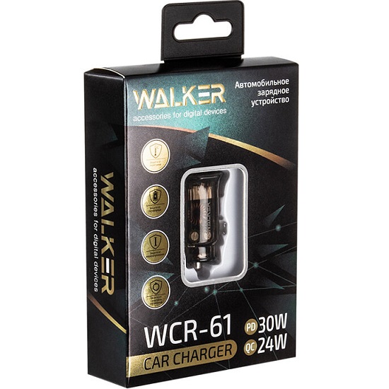 Авто ЗУ 1USB/1Type-C 3A WALKER WCR-61 GAN, QC 3.0+PD, черное