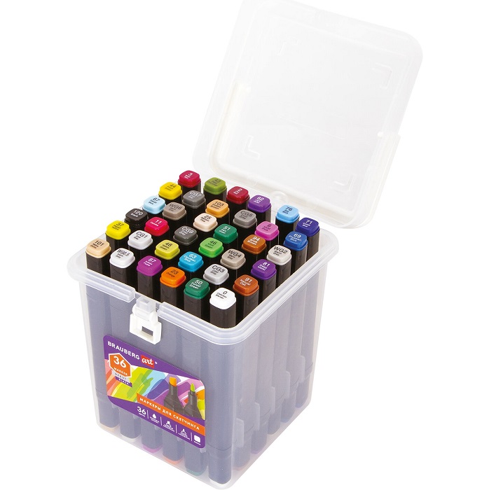 Маркеры для скетчинга двусторонние BRAUBERG ART DEBUT "BLACK" НАБОР 36 шт, пластиковый кейс 152129