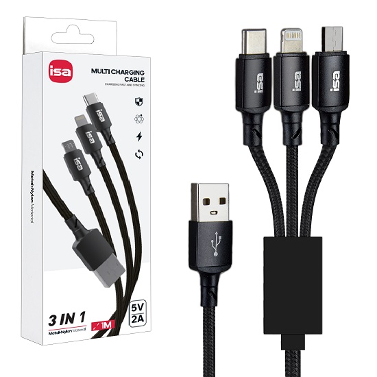Кабель USB <--> Lightning/MicroUSB/Type-C  1.0м ISA BX-31 черный, 5A