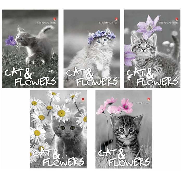 Блокнот МАЛЫЙ ФОРМАТ А6, 40л, гребень, ламинированный картон, клетка, Альт, Котята, 5 видов,3-40-028