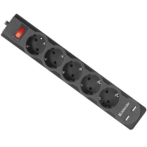 Сетевой фильтр  3.0м DEFENDER DFS 753, 5 розеток, 2 USB порта, черный