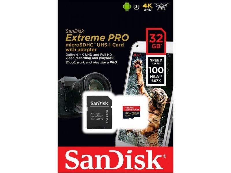 Micro SD 32Gb SanDisk Class 10 Extreme UHS-I A1 V30 U3 (100 Mb/s) с адаптером SD