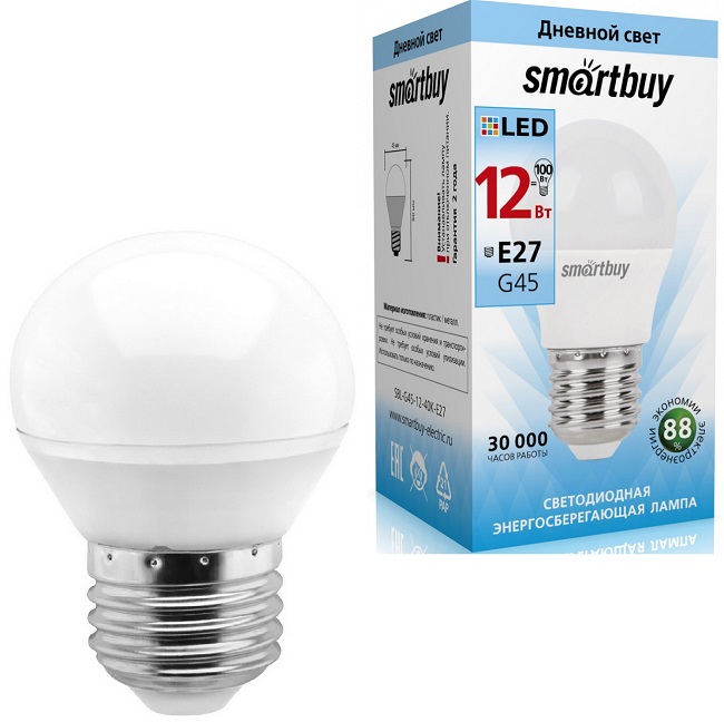 Лампа светодиодная SMARTBUY G45 12W/4000K/E27 (нейтральный свет) (1/10/100)