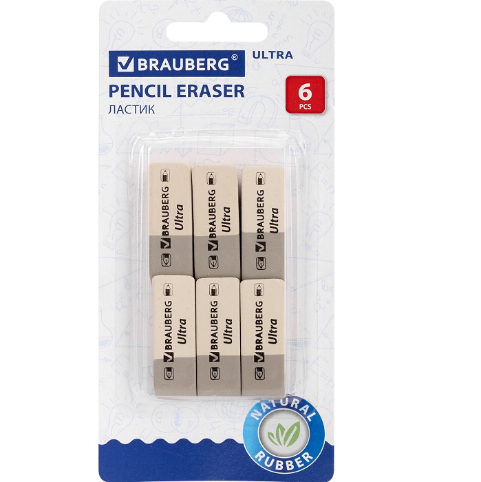 Ластики BRAUBERG "Ultra" НАБОР 6 шт., размер ластика 41*14*8мм 229600