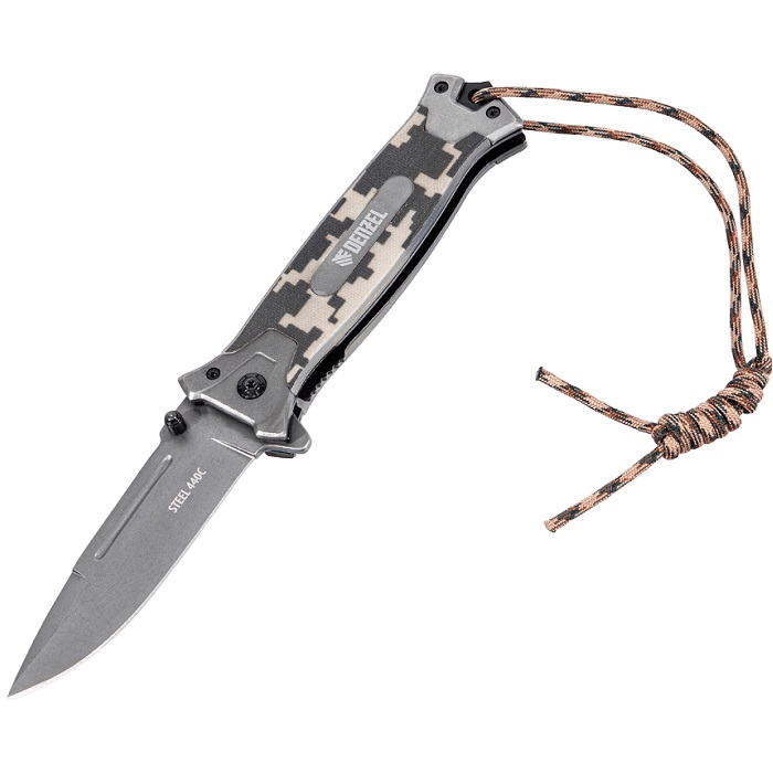 Нож складной DENZEL, многоцелевой, системы Liner-Lock, с накладкой G10 на прямой рук-ке+стеклобой// 79208