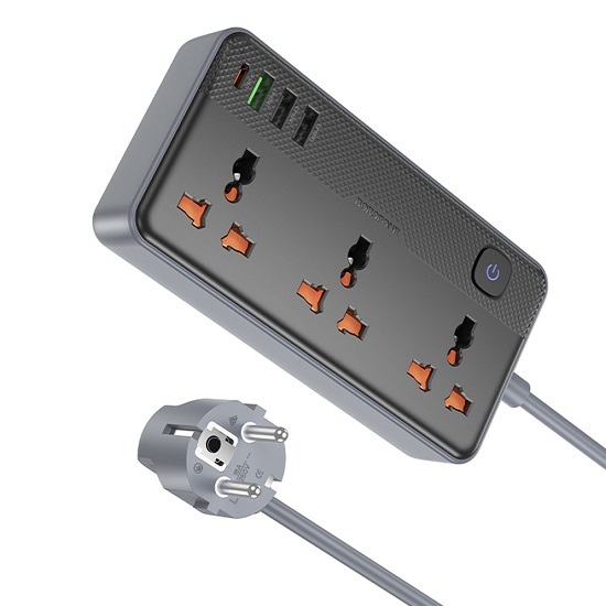 Сетевой фильтр  1.5м BOROFONE, черный,  3 розетки, 3хUSB, Type-C, с выключателем, PD20W