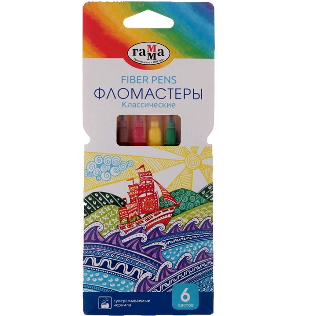 Фломастеры Гамма "Классические", 06цв., смываемые, картон, 180319_09