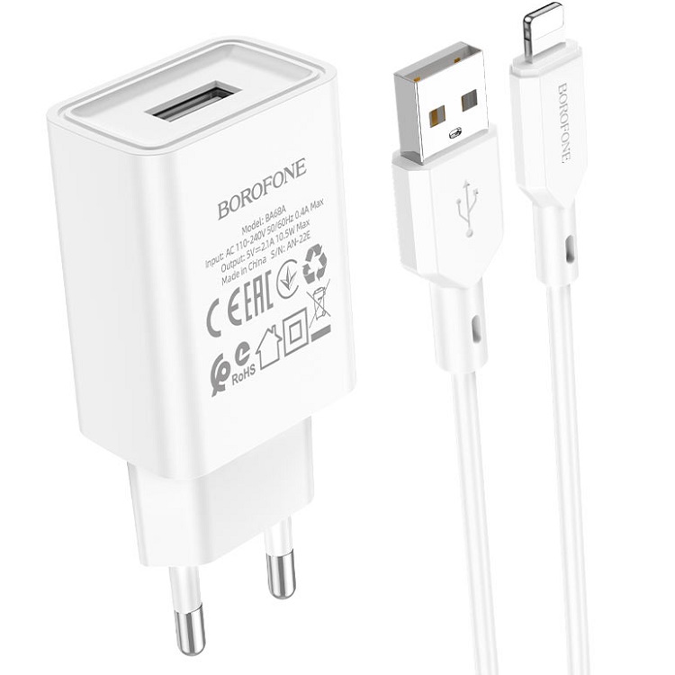 Сетевое ЗУ 1USB 2.1A BOROFONE BA68A, Glacier, Lightning, белый